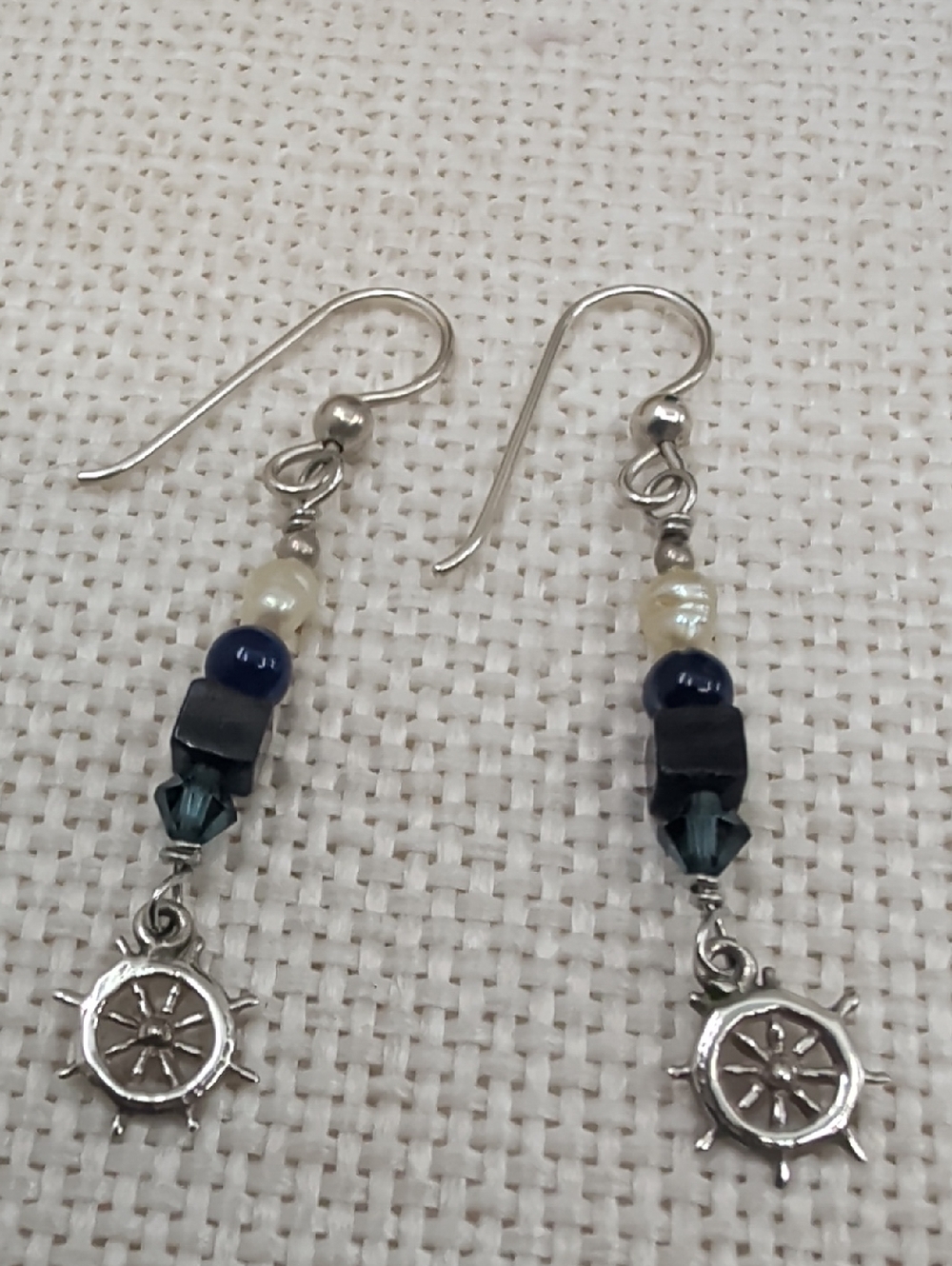 Sterling Silver Nautical Wheel Dangle Earrings with Navy and Pearl Beads - Picture 1 of 17
